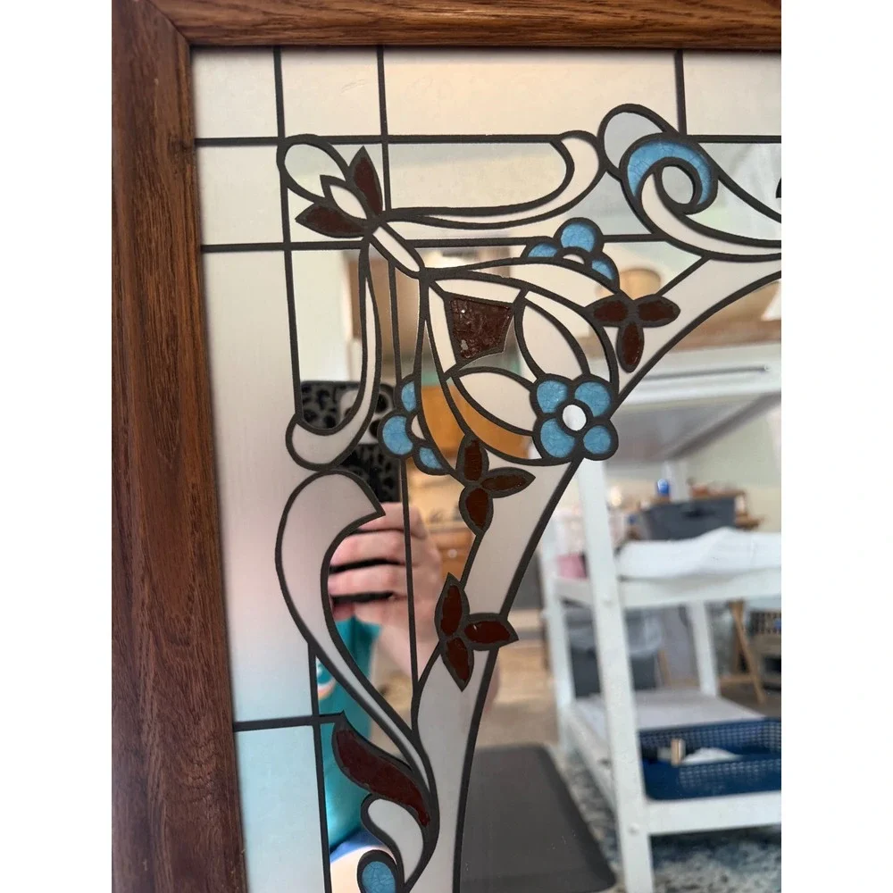 Vintage Faux Stained Glass Floral Wall Mirror Wood Frame Blue Brown 31.5x25.5
